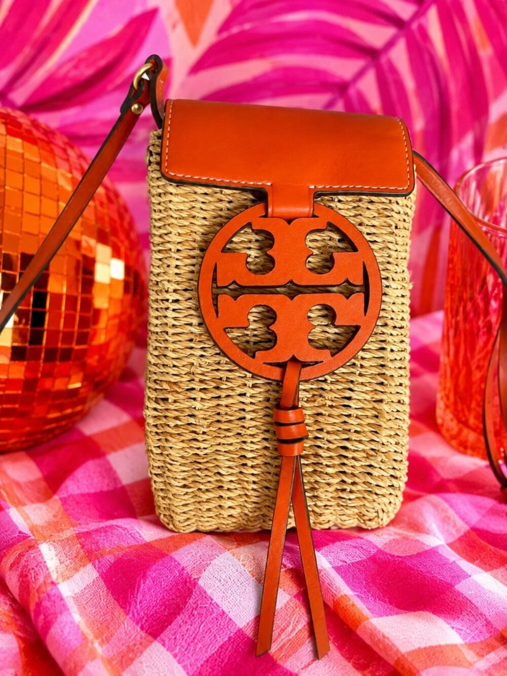 Tory Burch Miller Raffia & Leather Phone Crossbody Natural/Orange